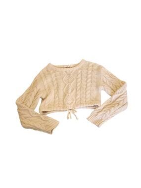 Double Zero Cream Cable Knit Cropped Sweater Tie Hem Long Sleeve Boho